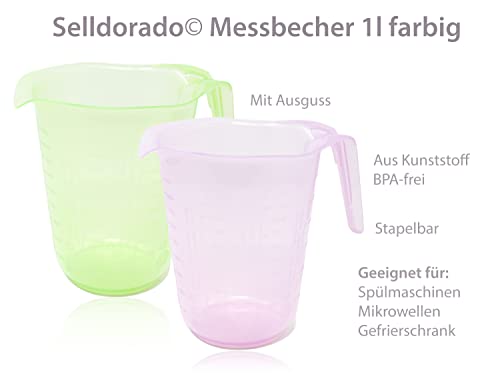 Selldorado 3X Messbecher Bunt 1L Set aus Kunststoff - 1Liter / 1000ml - Messbecher Set Stapelbar BPA-Frei mit Ausguss - Messangaben für Reis, Zucker, Flüssigkeit, Mehl