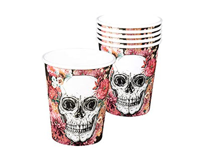 Selldorado 24-teiliges Halloween Deko Tisch Set (bestehend aus 6X Trinkbecher, 6X Untersetzer & 12x Servietten) – Gruselige Day of The Dead Tischdeko für Halloween, Feste, Party, Dekoration (Schädel)