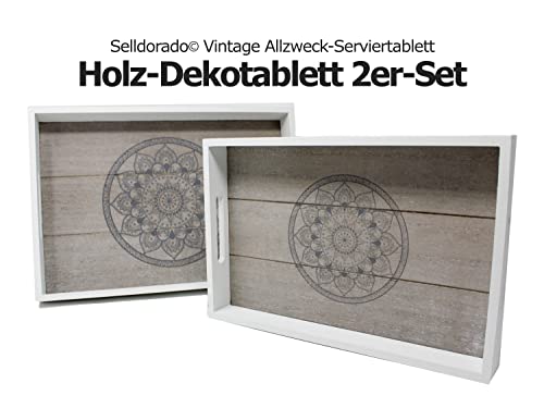 Selldorado® 2 TLG. Tablett für Geschirr und Küchen - Serviertablett aus Holz mit Mandala rechteckig - Küchentablett, Servierplatte, Frühstückstablett - Vintage Design