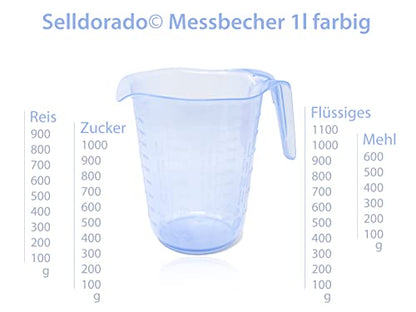 Selldorado 3X Messbecher Bunt 1L Set aus Kunststoff - 1Liter / 1000ml - Messbecher Set Stapelbar BPA-Frei mit Ausguss - Messangaben für Reis, Zucker, Flüssigkeit, Mehl