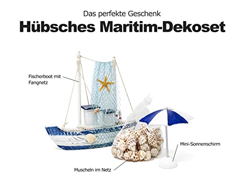 Selldorado Segelschiff mit Fischernetz, Sonnenschirm und Muscheln, Deko Ostsee aus Holz - Maritime Dekoration für Bad, Wohnzimmer, Hobbyraum (Segelboot)