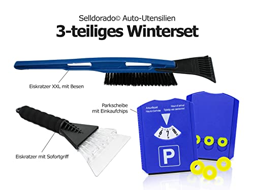 Selldorado® 3er Set bestehend aus XXL Eiskratzer Auto mit Besen 53 x 10 cm - Eiskratzer mit Softgriff 26 x 13 cm - Parkscheibe mit Einkaufschip - Autozubehör (2X Eiskratzer. 1x Parkuhr)