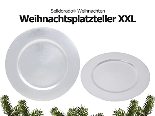 Selldorado 2x dekorativer XXL Weihnachtsteller / Speiseteller in Silber - Teller für Weihnachtsgebäck - weihnachtliche Dekoration - Dekoteller mit Weihnachtsmotiven