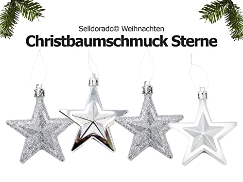 Selldorado® 8X Christbaumanhänger Stern in Silber - Weihnachtskugel Deko-Stern - Weihnachtsstern für den Christbaumschmuck - Dekoration für Weihnachten