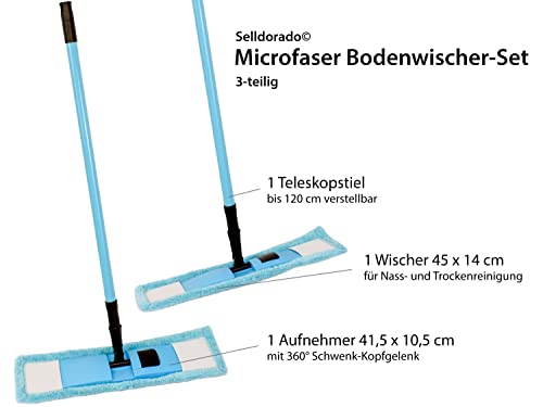 Selldorado® 3-teiliges Bodenwischer-Set bestehend aus Wischmopp 41,5 x 10,5 cm, Aufnehmer mit 360° Schwenk-Kopf-Gelenk und ausfahrbaren Teleskopstab bis 120 cm verstellbar (Blau)