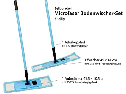 Selldorado® 3-teiliges Bodenwischer-Set bestehend aus Wischmopp 41,5 x 10,5 cm, Aufnehmer mit 360° Schwenk-Kopf-Gelenk und ausfahrbaren Teleskopstab bis 120 cm verstellbar (Blau)