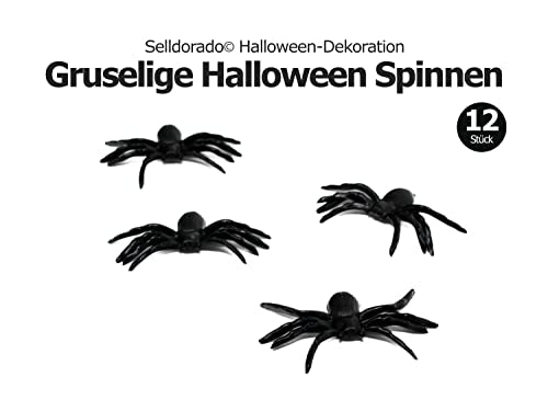 Selldorado® 12x Halloween Deko Spinnen aus Gummi - Kunstpinnen schwarz 8 x 5 cm - Spinnen Deko (12 Stück)