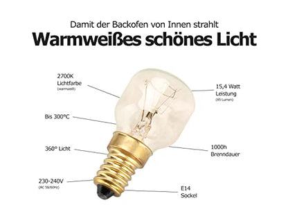 Selldorado® 2x Backofen-Lampe bis 300° C, warm-weiße Herd-Glühbirne 15 - 40W, Sockel E14, 230-240V, 85 Lumen