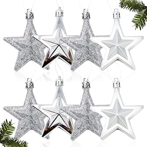 Selldorado® 8X Christbaumanhänger Stern in Silber - Weihnachtskugel Deko-Stern - Weihnachtsstern für den Christbaumschmuck - Dekoration für Weihnachten