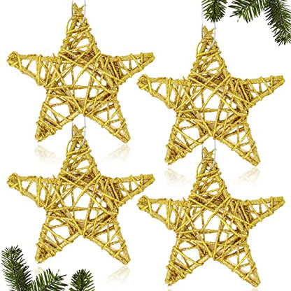 Selldorado Rattan Sterne zum Aufhängen in Gold - Glitzer Sterne - Weihnachtsschmuck - Weihnachtsbaum Deko - Dekoration Weihnachten - Rattan Baumschmuck 14 x 14 cm