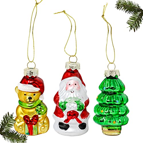 Selldorado® 3X Christbaumanhänger aus Glas, Weihnachtsanhänger, Christbaumschmuck, Weihnachtsbaum Deko (3 Stück Teddy. Baum. Santa)