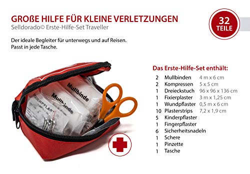 Selldorado® 32-teiliges Erste-Hilfe-Set Traveller - Notfallkoffer ideal für Outdoor, Fahrrad Camping, Reisen, Sport - Hausapotheke - mit praktischer Gürtelschlaufe