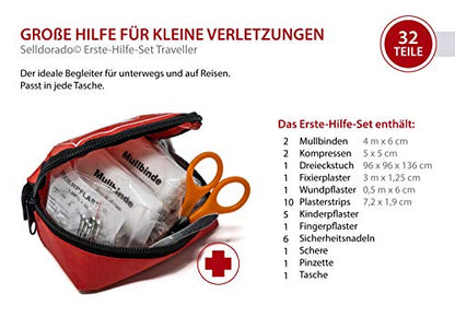 Selldorado® 32-teiliges Erste-Hilfe-Set Traveller - Notfallkoffer ideal für Outdoor, Fahrrad Camping, Reisen, Sport - Hausapotheke - mit praktischer Gürtelschlaufe