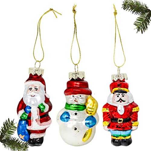 Selldorado® 3X Christbaumanhänger aus Glas, Weihnachtsanhänger, Christbaumschmuck, Weihnachtsbaum Deko (3 Stück Santa. Schneemann. Rasputin)