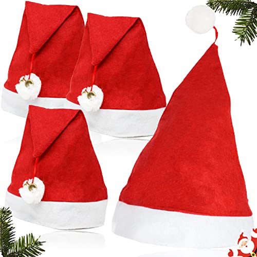 Selldorado 4x Weihnachtsmütze für Erwachsene mit Glocke 38 x 28 cm - Nikolaus Mütze für die ganze Familie - Chrismas Hat - Santa Hat (4 Stück)