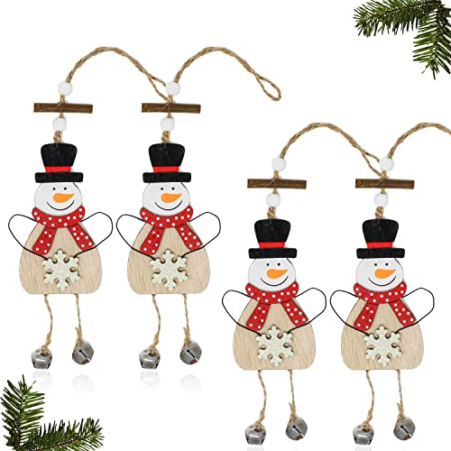 Selldorado 4X Weihnachtsschmuck Schneemann zum anhängen mit Glocke 28 x 7 cm - Holzanhänger Christbaumschmuck - Weihnachtsbaumschmuck Anhänger - Adventsanhänger in Rot