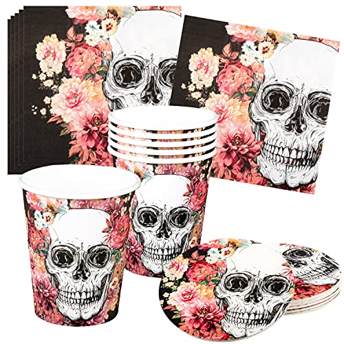 Selldorado 24-teiliges Halloween Deko Tisch Set (bestehend aus 6X Trinkbecher, 6X Untersetzer & 12x Servietten) – Gruselige Day of The Dead Tischdeko für Halloween, Feste, Party, Dekoration (Schädel)